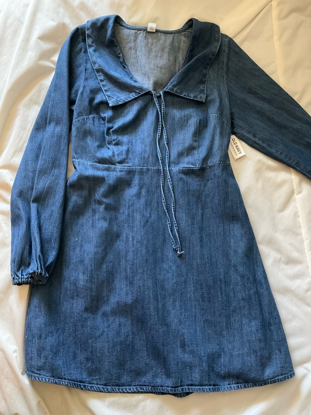 Denim Blue Tie-Neck Dress Western 70s Style Prairie Chic